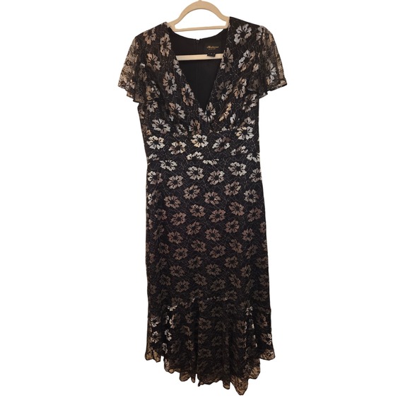 Shoshanna Dresses & Skirts - Shoshanna Midnight Navy Silver Floral Lace V-Neck High Low Midi Dress Size 10